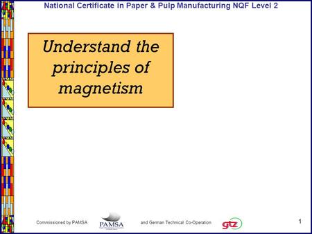 1 Commissioned by PAMSA and German Technical Co-Operation National Certificate in Paper & Pulp Manufacturing NQF Level 2 Understand the principles of magnetism.