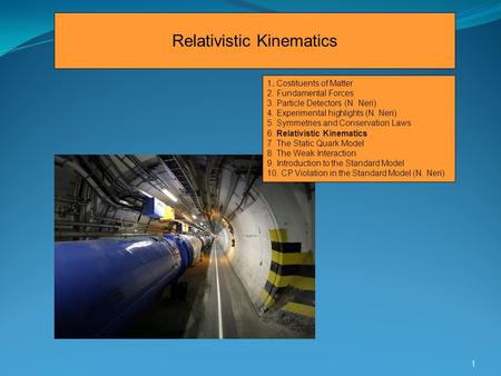 Relativistic Kinematics 1 1. Costituents of Matter 2. Fundamental Forces 3. Particle Detectors (N. Neri) 4. Experimental highlights (N. Neri) 5. Symmetries.