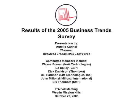 Results of the 2005 Business Trends Survey Presentation by: Aurelio Carinci Chairman Business Trends 2005 Task Force Committee members include: Wayne Borean.
