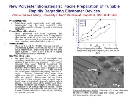 New Polyester Biomaterials: Facile Preparation of Tunable Rapidly Degrading Elastomer Devices Valerie Sheares Ashby, University of North Carolina at Chapel.