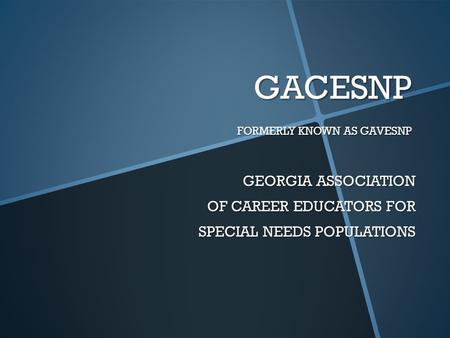 GACESNP FORMERLY KNOWN AS GAVESNP GEORGIA ASSOCIATION OF CAREER EDUCATORS FOR SPECIAL NEEDS POPULATIONS.