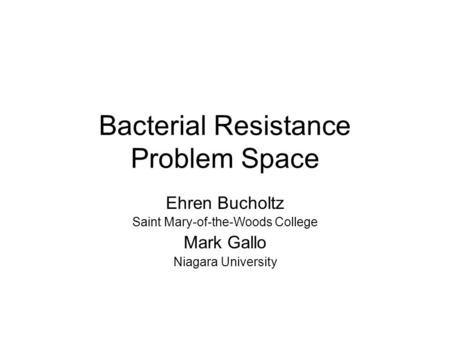 Bacterial Resistance Problem Space Ehren Bucholtz Saint Mary-of-the-Woods College Mark Gallo Niagara University.