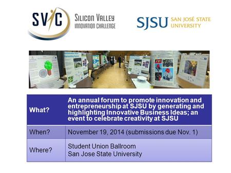 Who can participate? All SJSU Students –Individuals or in teams –As part of a class project, student club, or extracurricular activity Students can submit.