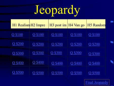 Jeopardy H1 RealismH2 ImpreH3 post imH4 Van go H5 Random Q $100 Q $200 Q $300 Q $400 Q $500 Q $100 Q $200 Q $300 Q $400 Q $500 Final Jeopardy.