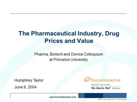 Www.harrisinteractive.com ©2003, Harris Interactive Inc. All rights reserved. The Pharmaceutical Industry, Drug Prices and Value Pharma, Biotech and Device.