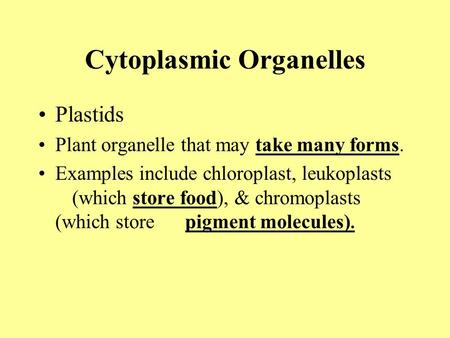 Cytoplasmic Organelles Plastids Plant organelle that may take many forms. Examples include chloroplast, leukoplasts (which store food), & chromoplasts.