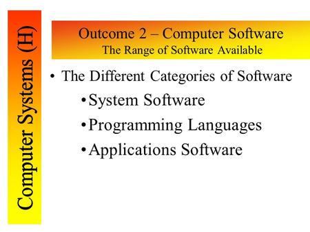 Outcome 2 – Computer Software The Range of Software Available The Different Categories of Software System Software Programming Languages Applications Software.