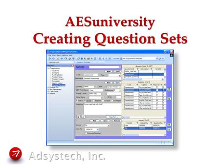 AESuniversity Creating Question Sets. Question Sets What are Question Sets? Where can Questions Sets be used? How do you create a new Question Set?
