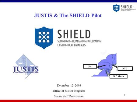 1 NYC D.C Metro PA JUSTIS & The SHIELD Pilot December 12, 2003 Office of Justice Programs Senior Staff Presentation.