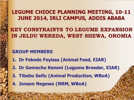 LEGUME CHIOCE PLANNING MEETING, 10-11 JUNE 2014, IRLI CAMPUS, ADDIS ABABA KEY CONSTRAINTS TO LEGUME EXPANSION IN JELDU WEREDA, WEST SHEWA, OROMIA GROUP.