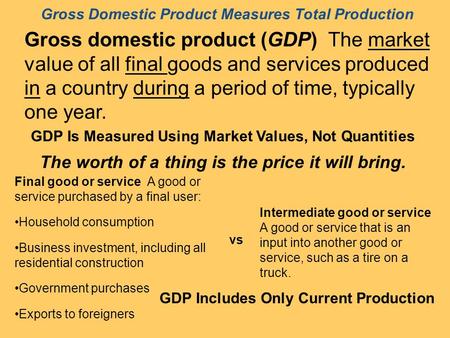 Gross Domestic Product Measures Total Production Gross domestic product (GDP) The market value of all final goods and services produced in a country during.