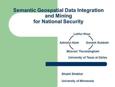 Semantic Geospatial Data Integration and Mining for National Security Ashraful Alam Bhavani Thuraisingham Ganesh Subbiah Latifur Khan University of Texas.