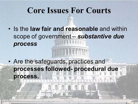 Core Issues For Courts Is the law fair and reasonable and within scope of government – substantive due process Are the safeguards, practices and processes.