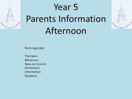 Year 5 Parents Information Afternoon Running order: The team Behaviour New curriculum Homework Information Question.