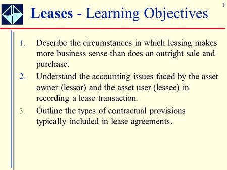 1 1.Describe the circumstances in which leasing makes more business sense than does an outright sale and purchase. 2.Understand the accounting issues faced.