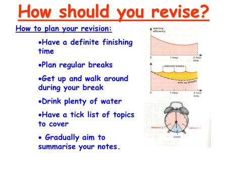 How to plan your revision:  Have a definite finishing time  Plan regular breaks  Get up and walk around during your break  Drink plenty of water 