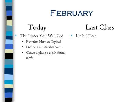 February Today Last Class The Places You Will Go! Unit 1 Test