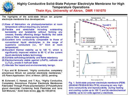 Highly Conductive Solid-State Polymer Electrolyte Membrane for High Temperature Operations Thein Kyu, University of Akron, DMR 1161070 The highlights of.