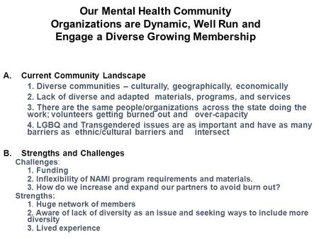 Our Mental Health Community Organizations are Dynamic, Well Run and Engage a Diverse Growing Membership A.Current Community Landscape 1. Diverse communities.