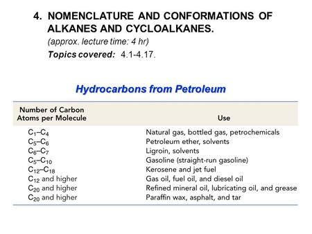 4. NOMENCLATURE AND CONFORMATIONS OF ALKANES AND CYCLOALKANES. (approx. lecture time: 4 hr) Topics covered: 4.1-4.17. Hydrocarbons from Petroleum.