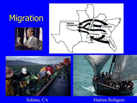Migration Haitian RefugeesSalinas, CA. Why do people migrate? Push Factors Pull Factors Major International Migration Patterns, Early 1990s Slide graphic.