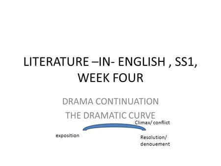 LITERATURE –IN- ENGLISH, SS1, WEEK FOUR DRAMA CONTINUATION THE DRAMATIC CURVE exposition Resolution/ denouement Climax/ conflict.