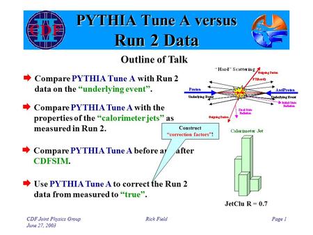 CDF Joint Physics Group June 27, 2003 Rick FieldPage 1 PYTHIA Tune A versus Run 2 Data  Compare PYTHIA Tune A with Run 2 data on the “underlying event”.