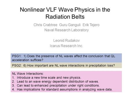 Nonlinear VLF Wave Physics in the Radiation Belts Chris Crabtree Guru Ganguli Erik Tejero Naval Research Laboratory Leonid Rudakov Icarus Research Inc.