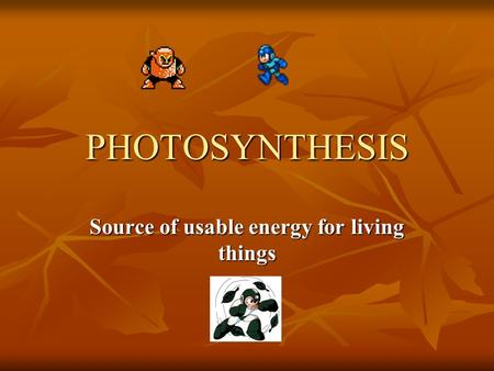 PHOTOSYNTHESIS Source of usable energy for living things.