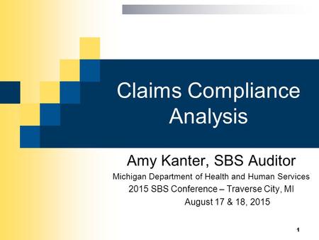Claims Compliance Analysis Amy Kanter, SBS Auditor Michigan Department of Health and Human Services 2015 SBS Conference – Traverse City, MI August 17 &