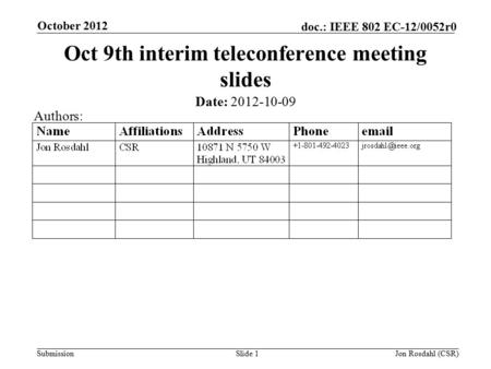 Submission doc.: IEEE 802 EC-12/0052r0 October 2012 Jon Rosdahl (CSR)Slide 1 Oct 9th interim teleconference meeting slides Date: 2012-10-09 Authors: