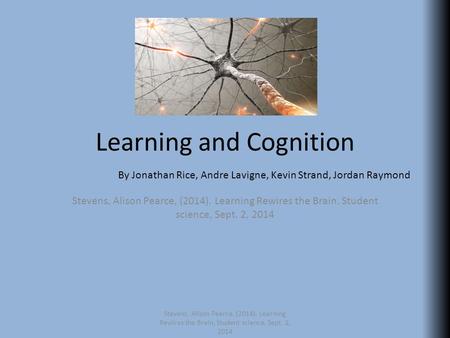 Learning and Cognition Stevens, Alison Pearce, (2014). Learning Rewires the Brain. Student science, Sept. 2, 2014 By Jonathan Rice, Andre Lavigne, Kevin.