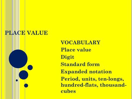 PLACE VALUE VOCABULARY Place value Digit Standard form