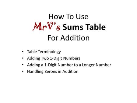 How To Use MrV’s Sums Table For Addition Table Terminology Adding Two 1-Digit Numbers Adding a 1-Digit Number to a Longer Number Handling Zeroes in Addition.