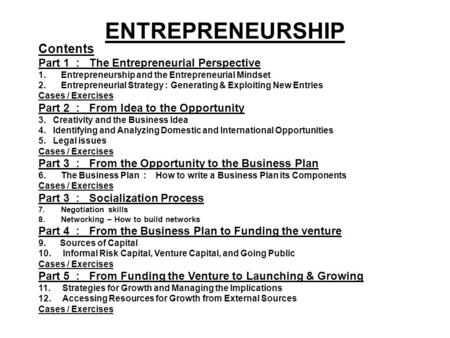 ENTREPRENEURSHIP Contents Part 1 : The Entrepreneurial Perspective