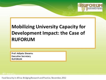 Food Security in Africa: Bridging Research and Practice, November, 2012 Prof. Adipala Ekwamu Executive Secretary RUFORUM Mobilizing University Capacity.