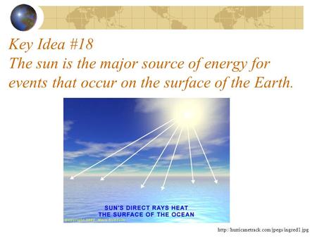 Key Idea #18 The sun is the major source of energy for events that occur on the surface of the Earth. http://hurricanetrack.com/jpegs/ingred1.jpg.