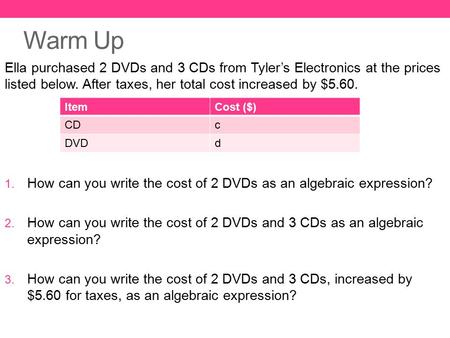 Warm Up Ella purchased 2 DVDs and 3 CDs from Tyler’s Electronics at the prices listed below. After taxes, her total cost increased by $5.60. How can you.