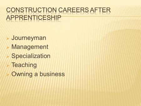  Journeyman  Management  Specialization  Teaching  Owning a business.