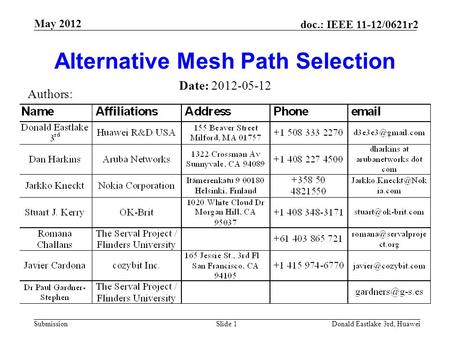 Submission doc.: IEEE 11-12/0621r2 May 2012 Donald Eastlake 3rd, HuaweiSlide 1 Alternative Mesh Path Selection Date: 2012-05-12 Authors: