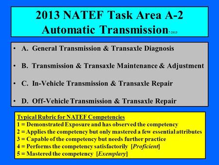 2013 NATEF Task Area A-2 Automatic Transmission 7-2013 A. General Transmission & Transaxle Diagnosis B. Transmission & Transaxle Maintenance & Adjustment.