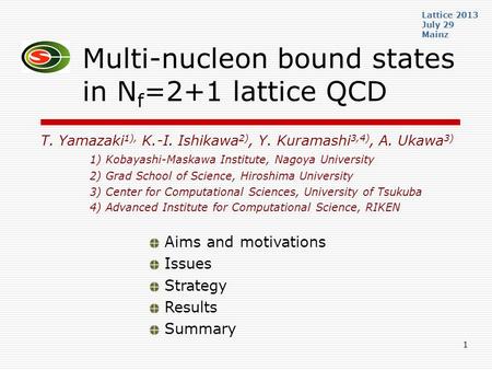 1 Multi-nucleon bound states in N f =2+1 lattice QCD T. Yamazaki 1), K.-I. Ishikawa 2), Y. Kuramashi 3,4), A. Ukawa 3) 1) Kobayashi-Maskawa Institute,