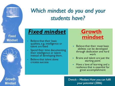 Which mindset do you and your students have? Fixed mindset Believe that their basic qualities, e.g. intelligence or talent are fixed Spend their time documenting.