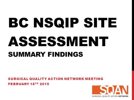 BC NSQIP SITE ASSESSMENT SUMMARY FINDINGS SURGICAL QUALITY ACTION NETWORK MEETING FEBRUARY 18 TH 2015.