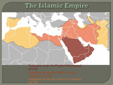 Expansion under the Prophet Mohammad, 612-632 Expansion during the Rightly Guided Caliphate, 635-661 Expansion during the Umayyad Caliphate, 661-750.