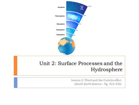 Unit 2: Surface Processes and the Hydrosphere Lesson 2: Wind and the Coriolis effect ( Heath Earth Science – Pg. 522-536)