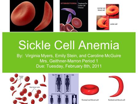 Sickle Cell Anemia By: Virginia Myers, Emily Stein, and Caroline McGuire Mrs. Geithner-Marron Period 1 Due: Tuesday, February 8th, 2011.