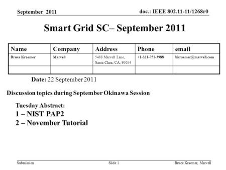 Doc.: IEEE 802.11-11/1268r0 Submission September 2011 Bruce Kraemer, MarvellSlide 1 Smart Grid SC– September 2011 Date: 22 September 2011 Discussion topics.