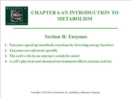 CHAPTER 6 AN INTRODUCTION TO METABOLISM Copyright © 2002 Pearson Education, Inc., publishing as Benjamin Cummings Section B: Enzymes 1.Enzymes speed up.