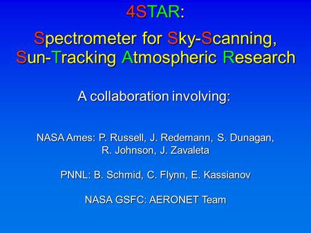 NASA Ames: P. Russell, J. Redemann, S. Dunagan, R. Johnson, J. Zavaleta PNNL: B. Schmid, C. Flynn, E. Kassianov NASA GSFC: AERONET Team A collaboration.